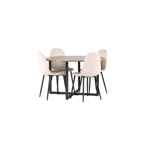 Durango eethoek tafel okkernoot decor en 4 Polar stoelen beige.