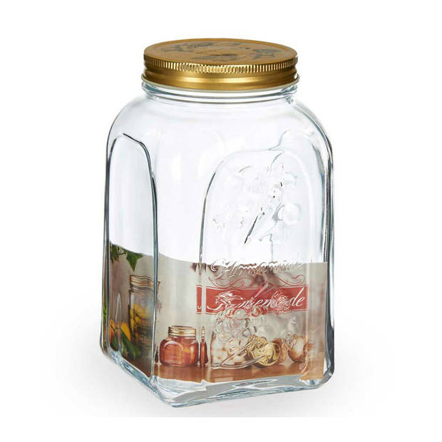 Pasabahce Voorraadpot/bewaarpot Square - 4x - glas - 1,5L - transparant/goud - D10 x H19 cm - voedsel bewaren - Voorraad