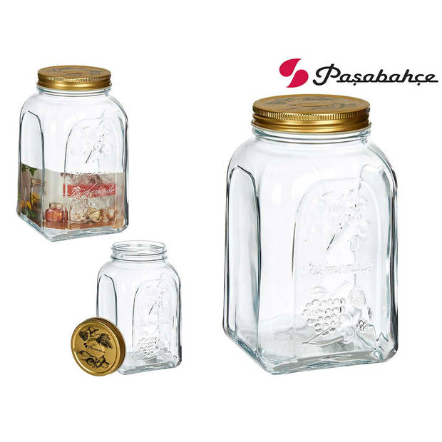 Pasabahce Voorraadpot/bewaarpot Square - 4x - glas - 1,5L - transparant/goud - D10 x H19 cm - voedsel bewaren - Voorraad