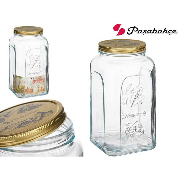 Pasabahce Voorraadpot/bewaarpot Square - 3x - glas - 3L - transparant/goud - D13 x H25 cm - voedsel bewaren - Voorraadpo