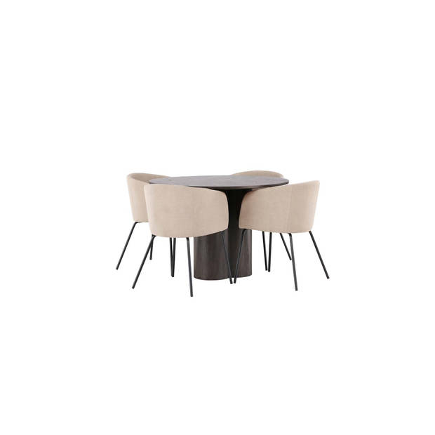 Olivia eethoek tafel mokka en 4 berit stoelen beige.