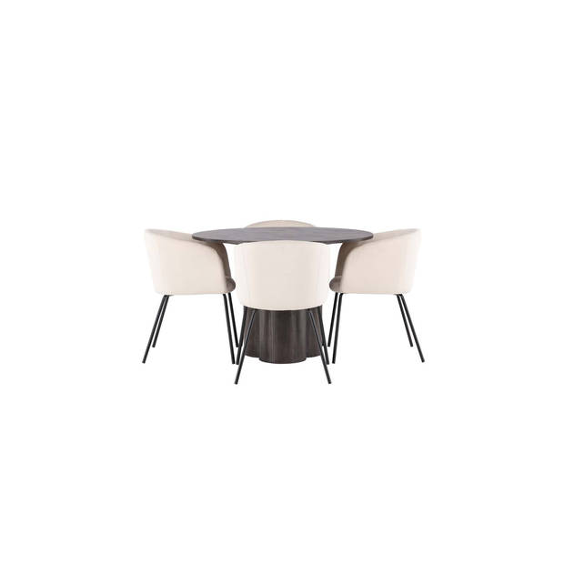 Olivia eethoek tafel mokka en 4 berit stoelen beige.