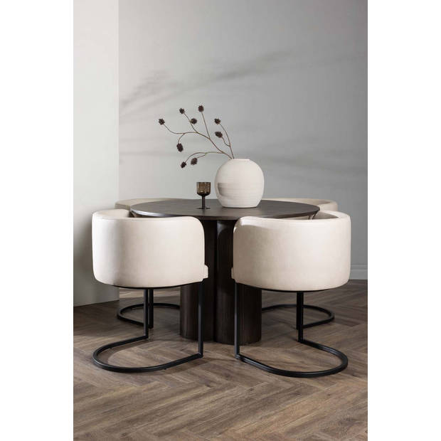 Olivia eethoek tafel mokka en 4 Simrishamn stoelen beige.