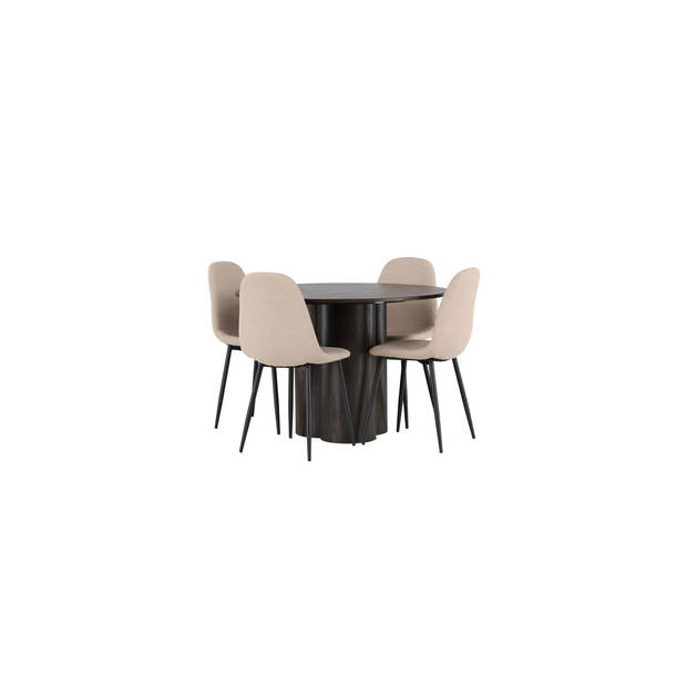 Olivia eethoek tafel mokka en 4 Polar stoelen beige.