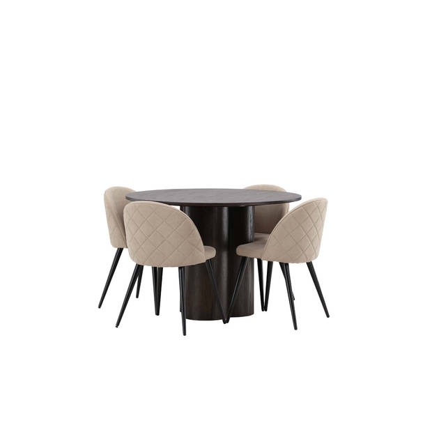 Olivia eethoek tafel mokka en 4 Velvet stoelen beige.