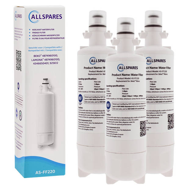 AllSpares Waterfilter (3x) voor koelkast geschikt voor LG Beko 874960100