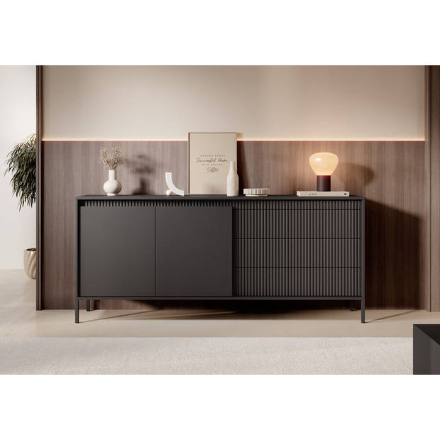 Meubella Dressoir Saran - Mat zwart - 187 cm