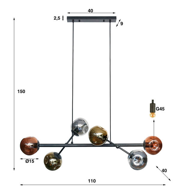 Giga Meubel - Hanglamp Zwart - 6-Lichts - Molecule Mix Glas