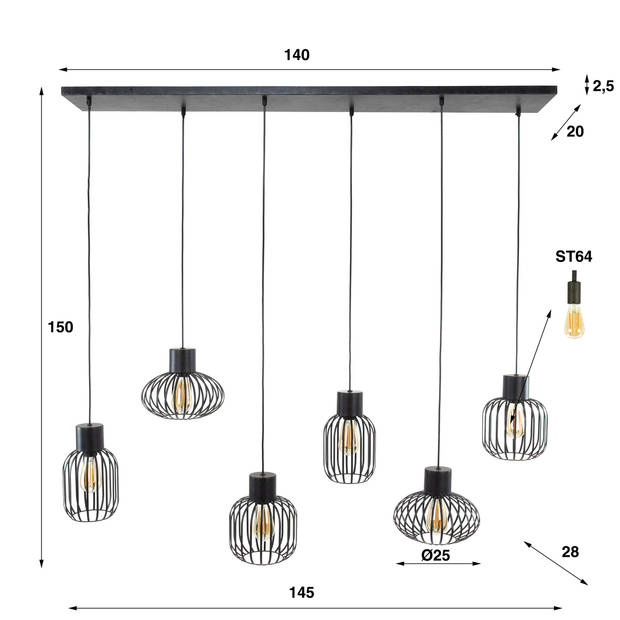 Giga Meubel - Hanglamp - Metal Mix Charcoal - 6-Lichts - 8kg