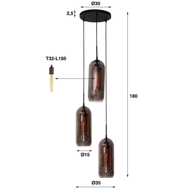 Giga Meubel - Hanglamp Smoke Glas - Geperforeerd Staal - 3-Lichts
