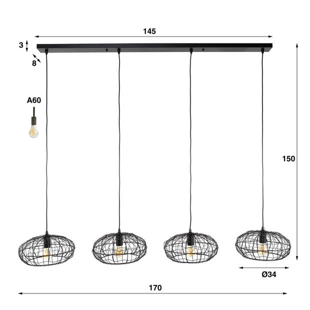 Giga Meubel - Hanglamp Zwart Bruin - 4-Lichts - XL - Lamp Connect