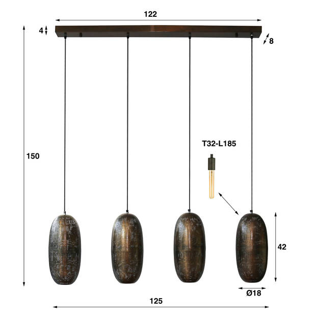 Giga Meubel - Hanglamp Brons Metaal - 4-Lichts - 10kg - 125x18x150cm