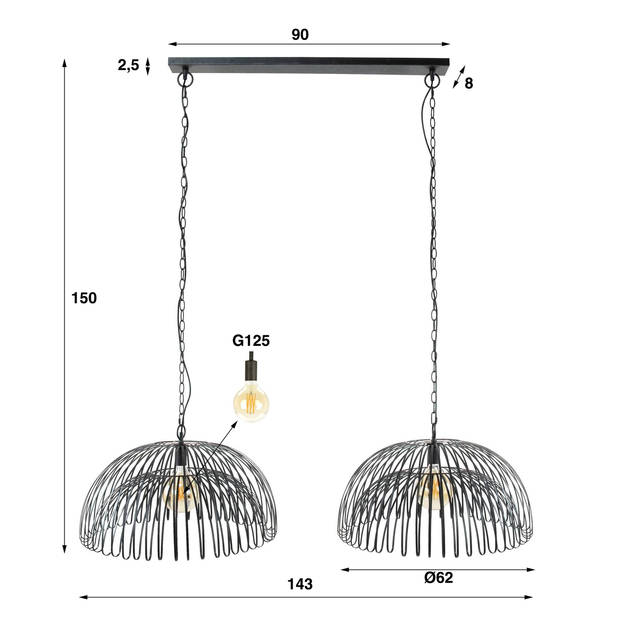 Giga Meubel - Hanglamp Metaal Zwart - 2-Lichts - 150x143x62cm