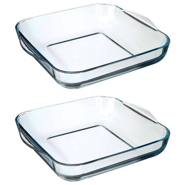 2x stuks ovenschaal vierkant - Transparant - Geglazuurd glas - 29 x 29 x 6 cm - Ovenschalen