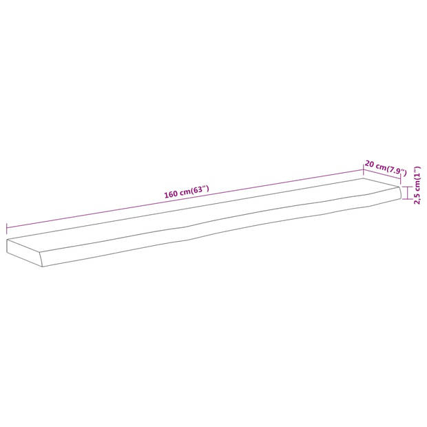 vidaXL Wandschap rechthoekig natuurlijke rand 160x20x2,5 cm acaciahout