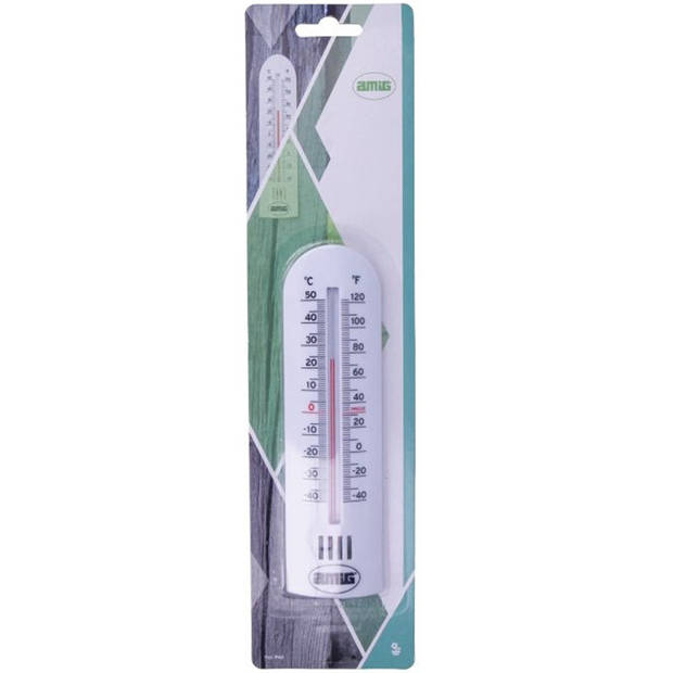 Amig Thermometer binnen/buiten - kunststof - wit - 30 x 6,5 cm - Celsius/Fahrenheit - Buitenthermometers