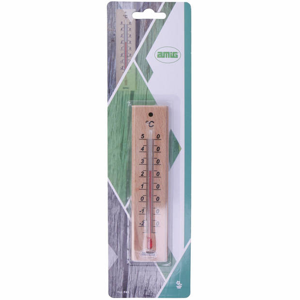 Amig Thermometer binnen/buiten - hout - bruin - 14 x 3 cm - Buitenthermometers