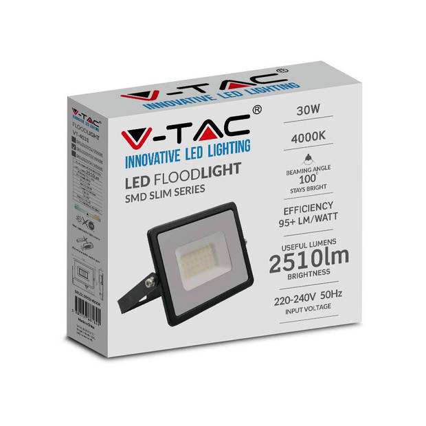 V-TAC VT-4031B-N Zwarte LED Schijnwerpers - E-serie - IP65 - 30W - 2510 Lumen - 6500K
