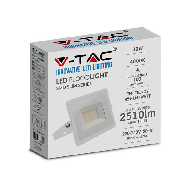 V-TAC VT-4031W-N Witte LED Schijnwerpers - E-serie - IP65 - 30W - 2510 Lumen - 6500K