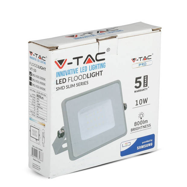 V-TAC VT-10-G Grijze LED Schijnwerpers - Samsung - IP65 - 10W - 800 Lumen - 3000K - 5 Jaar