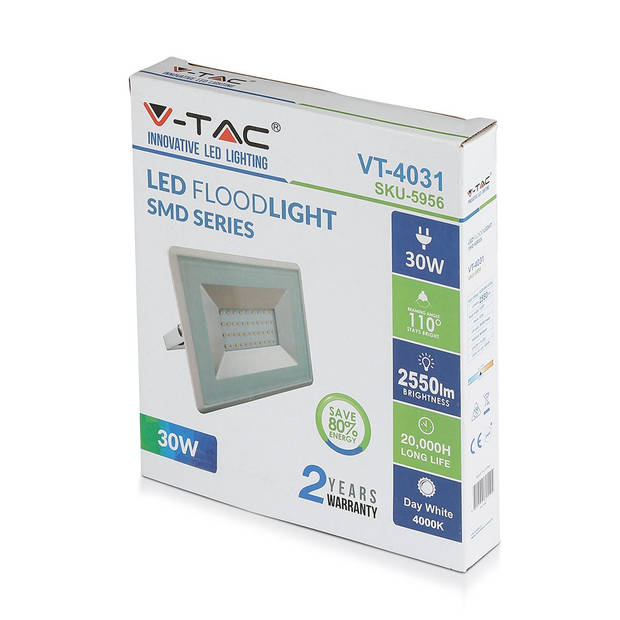 V-TAC VT-4031W E-serie LED schijnwerpers - Wit - IP65 - Wit - 30W - 2550 Lumen - 3000K