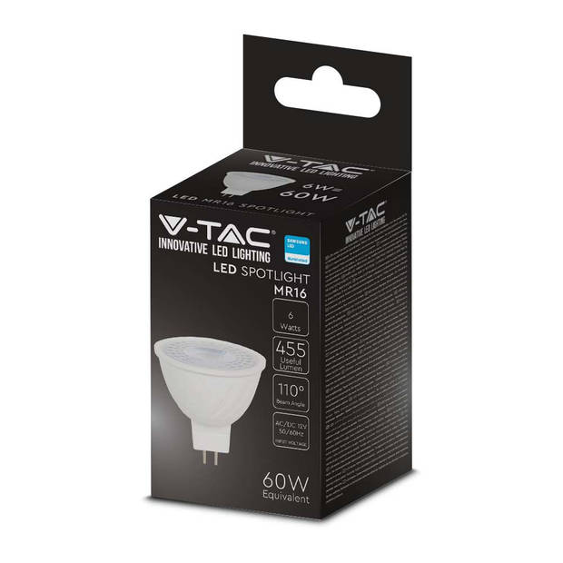 V-TAC VT-257-N MR16 LED Spots - Lens 110° - Samsung - IP20 - Wit - 6W - 455 Lumen - 3000K - 5 Jaar