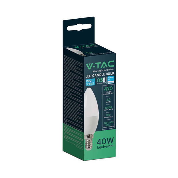 V-TAC VT-226-N E14 LED Lampen - Kaars - Samsung - IP20 - Wit - 4.5W - 470 Lumen - 3000K - 5 Jaar