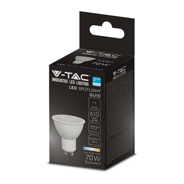 V-TAC VT-292-N GU10 Witte LED Spots - Lens 110° - Samsung - IP20 - 7.5W - 610 Lumen - 3000K - 5 Jaar