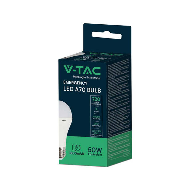 V-TAC VT-509 E27 LED Lampen - GLS - Noodverlichting - IP20 - Wit - 9W - 720 Lumen - 4000K
