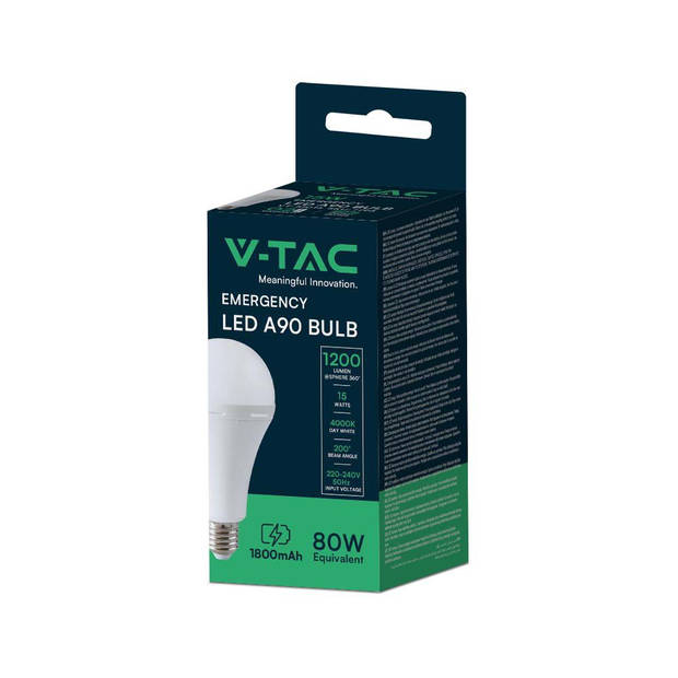 V-TAC VT-51015 E27 Witte LED Lampen - GLS - Noodverlichting - IP20 - 15W - 1200 Lumen - 4000K