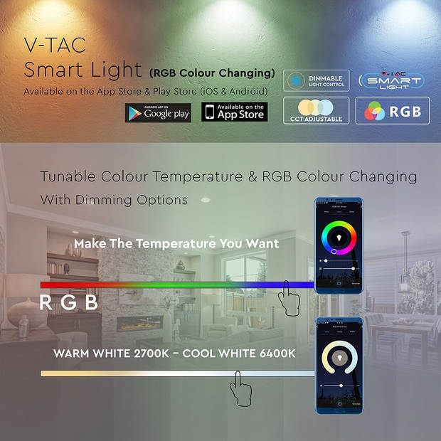 V-TAC VT-5154 Slimme P45 LED gloeilampverlichting - Wit - IP20 - 5W - 470 Lumen - RGB+3IN1