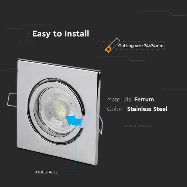 V-TAC VT-7227SQ-SS LED inbouwspots - GU10 - IP20 - Roestvrij staal - Modelnr: - VT-7227SQ-SS