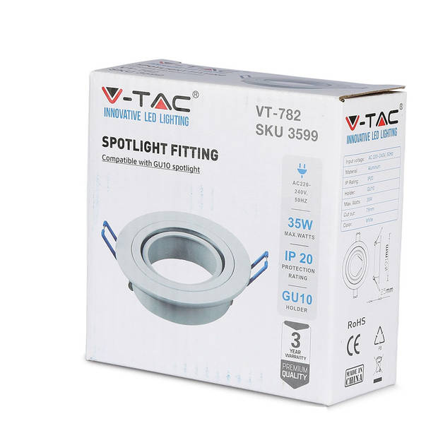 V-TAC VT-782RD-WH GU10 LED inbouwspot - Wit - IP20