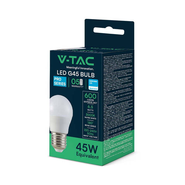 V-TAC VT-290-N E27 LED Lampen - Golf - Samsung - IP20 - Wit - 6,5W - 600 Lumen - 3000K - 5 Jaar