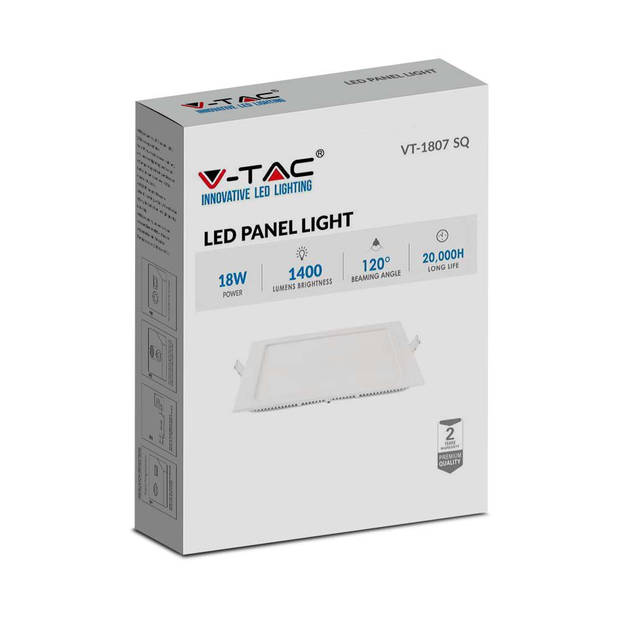 V-TAC VT-1807SQ-N Vierkante LED Minipanelen - Premium Serie - IP20 - Wit - 18W - 1400 Lumen - 2700K