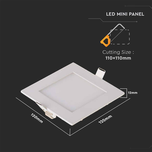 V-TAC VT-607SQ-N Vierkante LED Minipanelen - Premium Serie - IP20 - Wit - 6W - 490 Lumen - 6400K