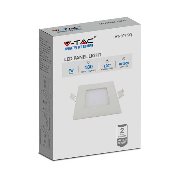V-TAC VT-307SQ-N Vierkante LED Minipanelen - Premium Serie - IP20 - Wit - 3W - 130 Lumen - 2700K