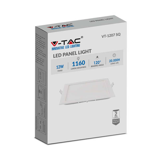 V-TAC VT-1207SQ-N Vierkante LED Minipanelen - Premium Serie - IP20 - Wit - 12W - 1160 Lumen - 6400K