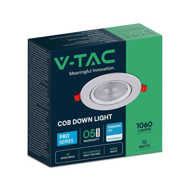 V-TAC VT-2-10-N LED Verstelbare Downlights - Samsung - IP20 - Wit - 10W - 1040 Lumen - 3000K - 5 Jaar