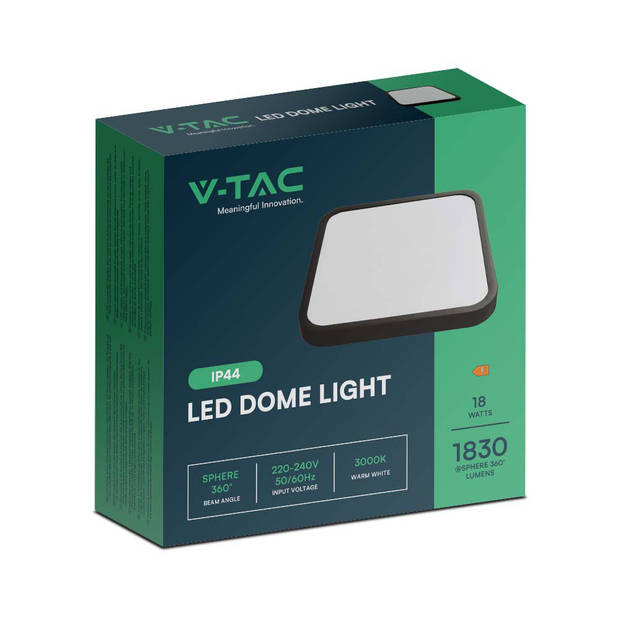 V-TAC VT-8618B-SQ LED vierkante plafonnière - Zwart - 225mm - IP44 - 18W - 1800 lumen - 3000K