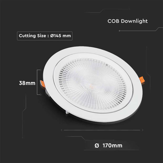 V-TAC VT-2-20-N LED Verstelbare Downlight - Samsung - IP20 - Wit - 20W - 1975 Lumen - 6400K - 5 Jaar