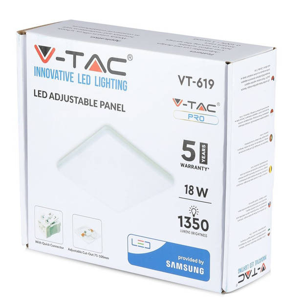 V-TAC VT-619SQ Vierkante Verstelbare LED Minipanelen - Samsung - IP20 - Wit - 18W - 1350 Lumen - 6400K - 5 Jaar