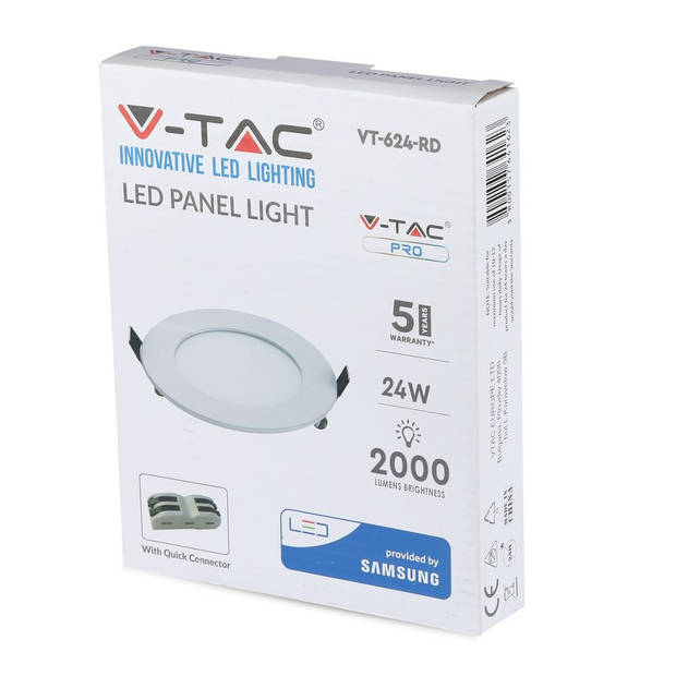 V-TAC VT-624RD Ronde LED Mini-panelen - Premium Series - Samsung - IP20 - Wit - 24W - 2000 Lumen - 3000K - 5 Jaar