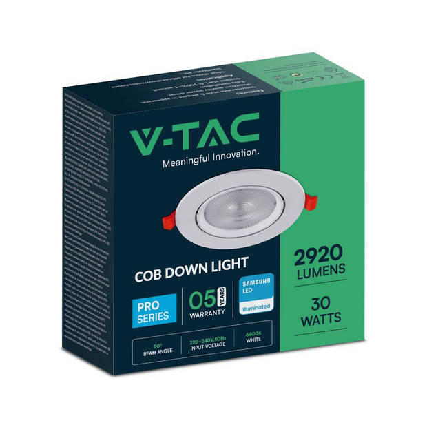 V-TAC VT-2-30-N LED Verstelbare Downlight - Samsung - IP20 - Wit - 30W - 3040 Lumen - 3000K - 5 Jaar