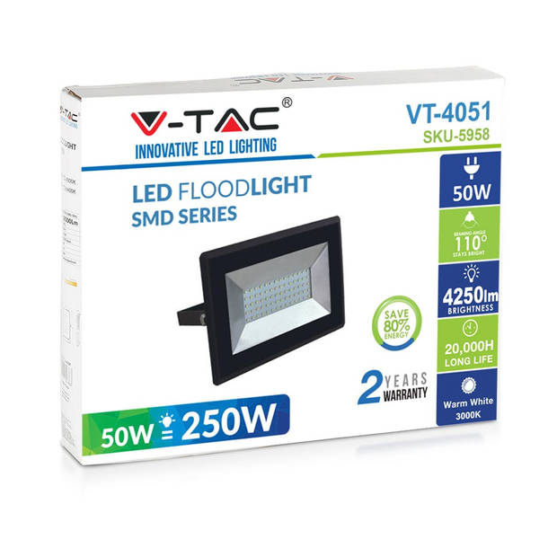 V-TAC VT-4051B LED Schijnwerpers - Zwart - E-serie - IP65 - 50W - 4250 Lumen - 4000K