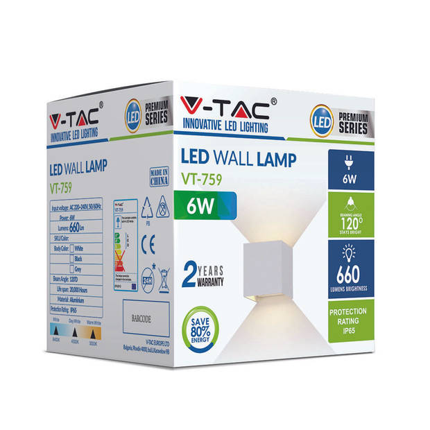 V-TAC VT-759-W Witte LED wandlamp - Vierkant - Bridgelux - IP65 - 6W - 660 Lumen - 4000K