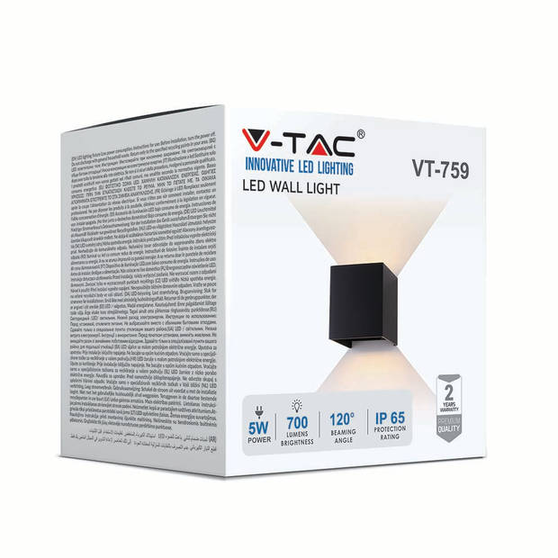 V-TAC VT-759-B-N Vierkante LED wandlamp - Bridgelux - IP65 - Zwart - 5W - 700 Lumen - 4000K