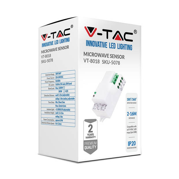 V-TAC VT-8018 Bewegingssensor - Microgolfsensor - Wit - IP20