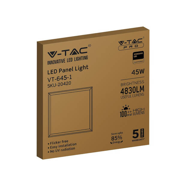 V-TAC VT-645-1 Witte LED panelen - 60x60 - IP20 - 45W - 4830 Lumen - 4000K - 5 Jaar 6 stuks/verpakking