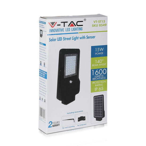 V-TAC VT-ST15 Zwarte straatlantaarns op zonne-energie - IP65 - 15W - 1600 Lumen - 4000K